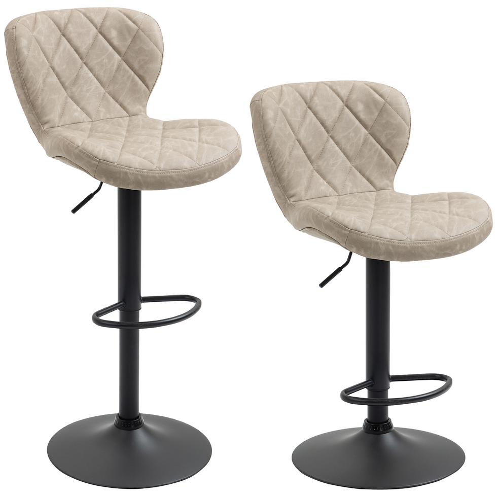 Khaki bar stools with diamond-patterned faux leather upholstery, swivel seat, and adjustable height