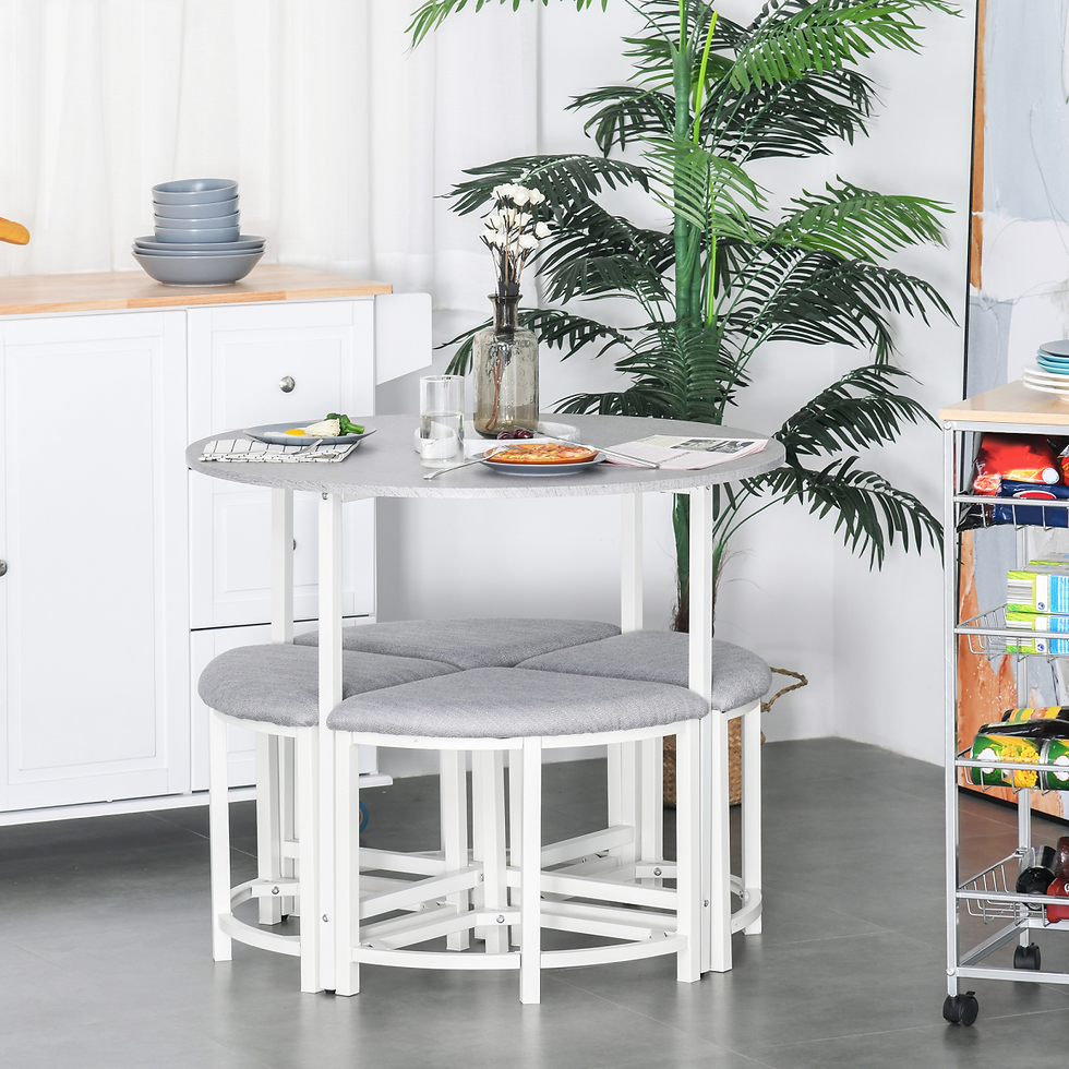 Modern round dining table set with four upholstered stools and steel frame