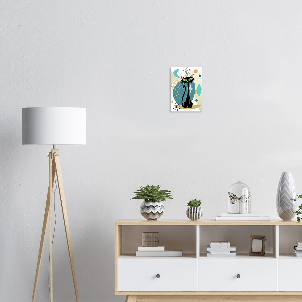 Thumbnail: Atomic Kitty mid‑century modern art print with retro atomic motifs and stylised black cat
