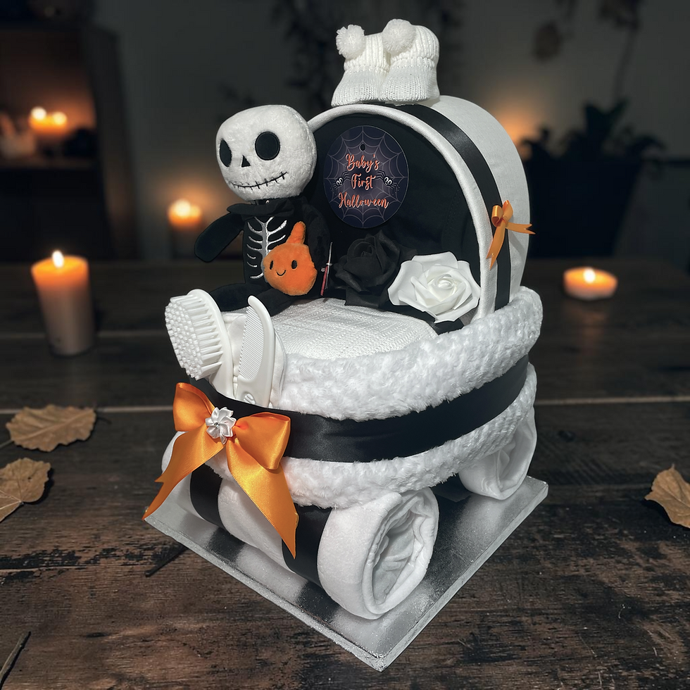 Baby’s first Halloween nappy cake pram gift with festive seasonal details