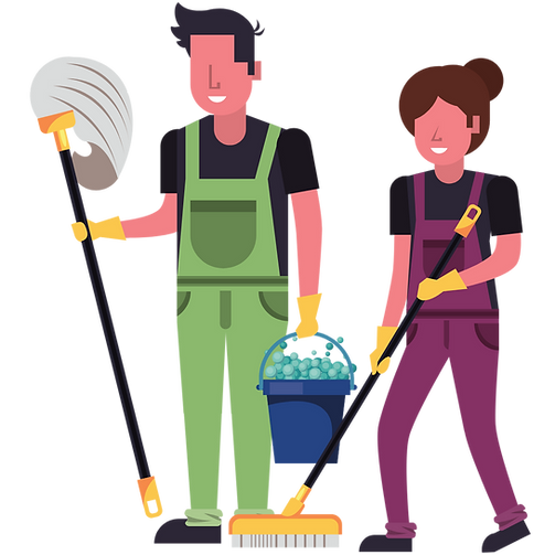 Cartoon image of a Mum and Dad with cleaning supplies