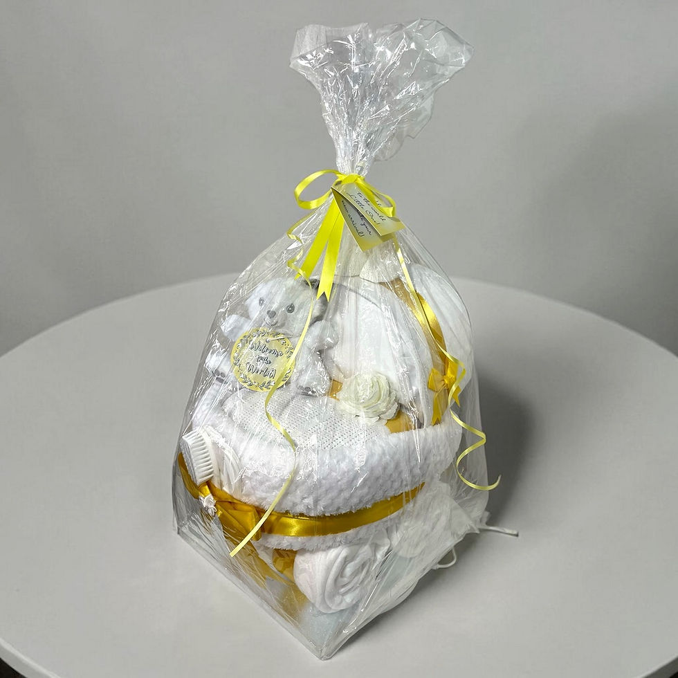 Thumbnail: White and gold baby nappy cake pram gift with coordinated essentials