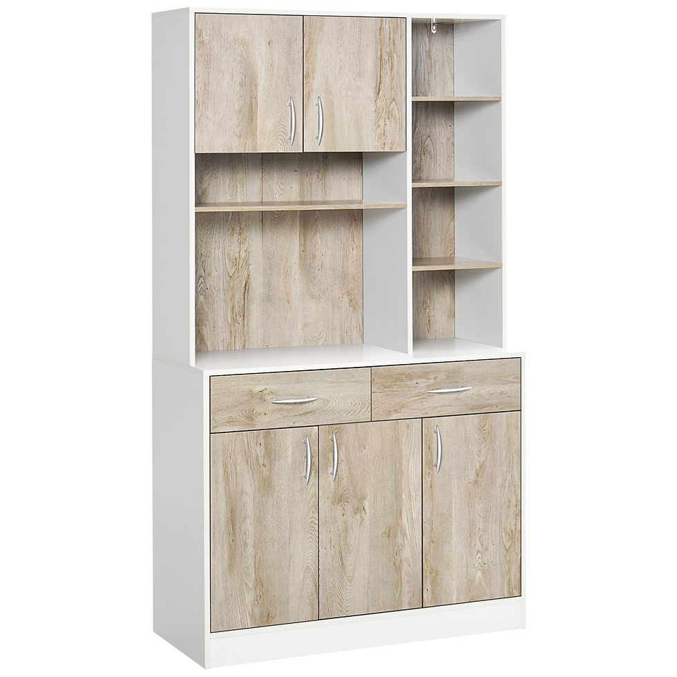 Natural wood finish kitchen pantry buffet cabinet with bookcase drawers, adjustable shelves, and storage compartments