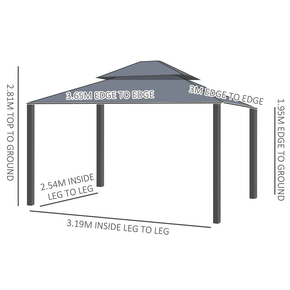 Dark grey 3x3.7m aluminium hardtop gazebo with a 2-tier roof, sturdy frame, and tied-back curtains for stylish outdoor shade.