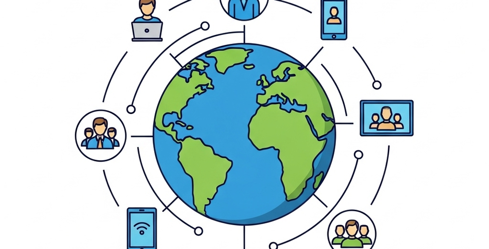Illustration of a globe with diverse connected users symbolizing global reach through inclusive design