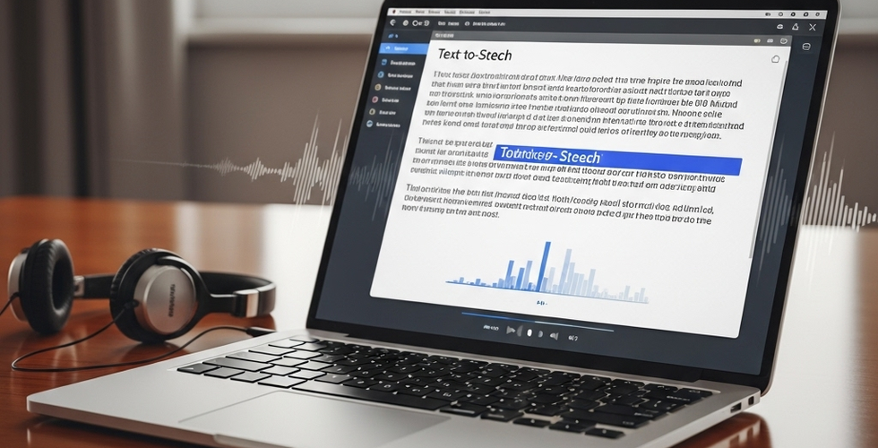 Laptop illustration reading text aloud to represent screen reader and alt text accessibility features