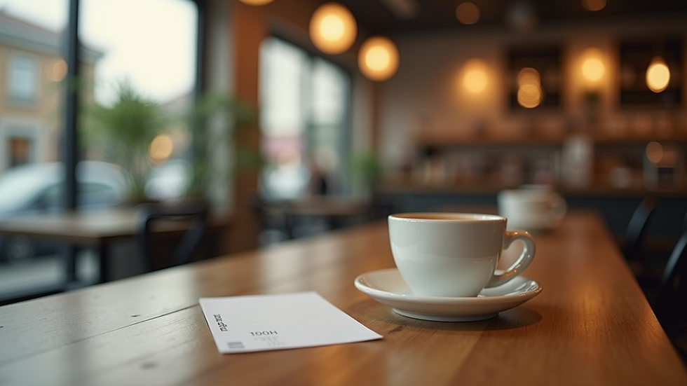 Close-up view of a coffee cup with loyalty card on a wooden table