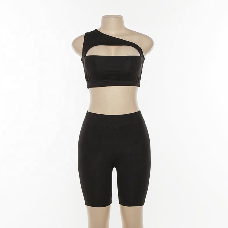 Miniature : Yoga Sport Fitness Hollow Shoulder Shorts Sets, Crop Top
