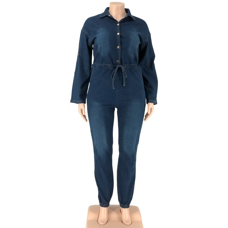 Thumbnail: Back Hollow Out One Piece Jumpsuit Plus Size Fall Denim Jumpsuit