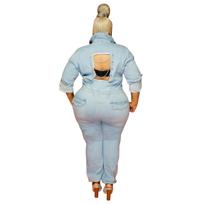 Thumbnail: Back Hollow Out One Piece Jumpsuit Plus Size Fall Denim Jumpsuit