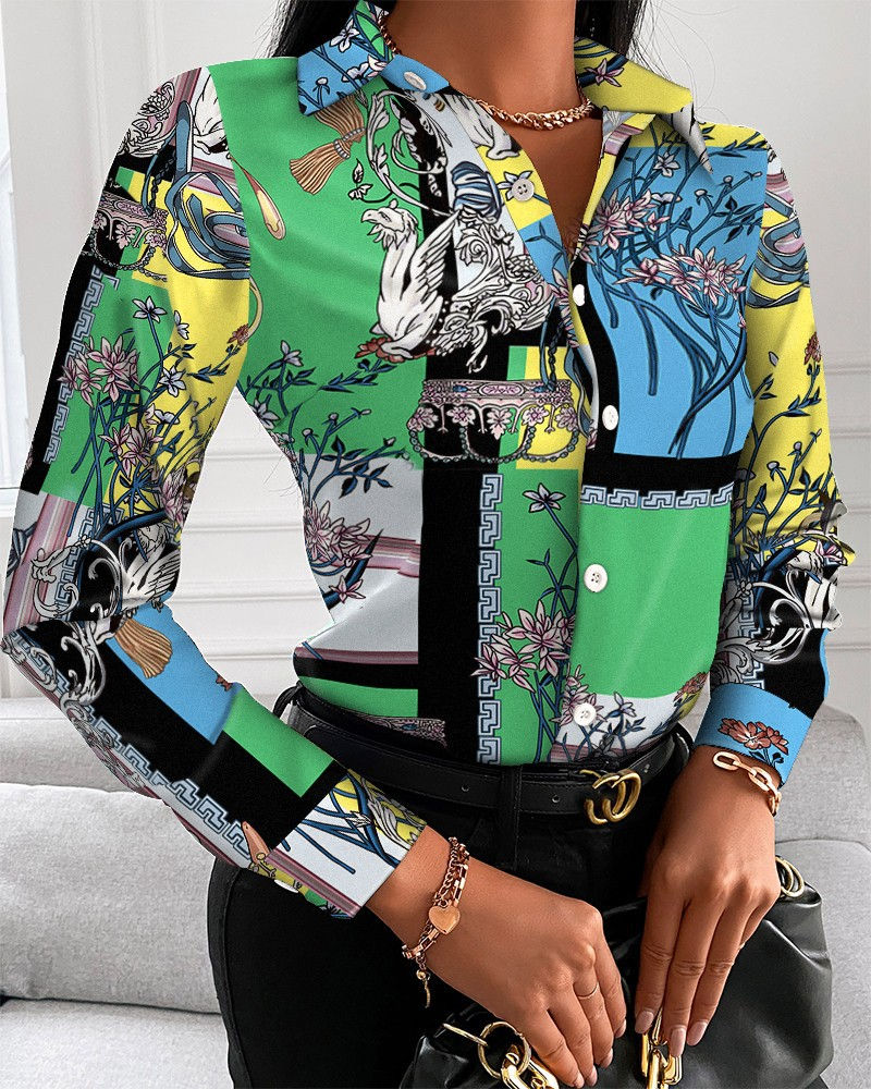 Thumbnail: Chain Print Shirt Blouses  Blouse Turn-Down Collar Button Tops