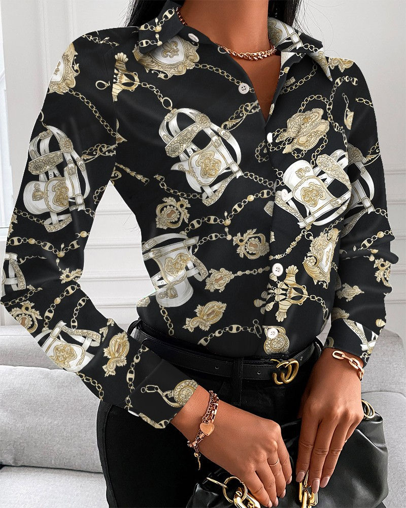 Miniatura: Chain Print Shirt Blouses  Blouse Turn-Down Collar Button Tops