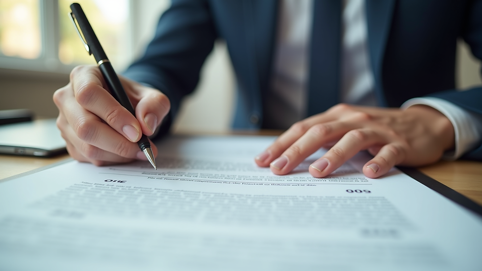 Close-up view of a person signing a property sale deed with a pen