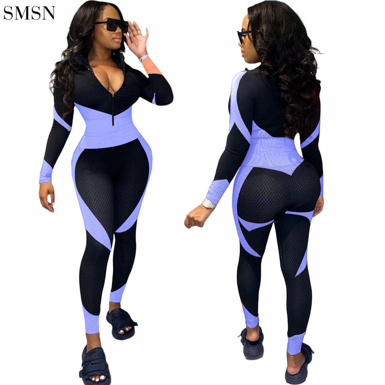 Miniature : Contrast Color Zipper Long Sleeve Jumpsuit