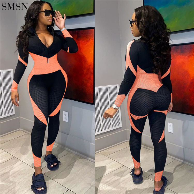 Miniature : Contrast Color Zipper Long Sleeve Jumpsuit