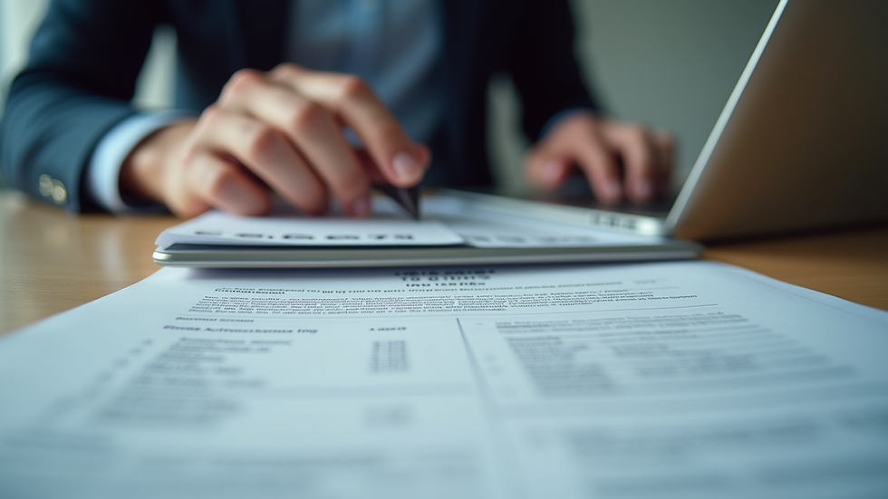 Eye-level view of a person studying tax lien documents with a laptop