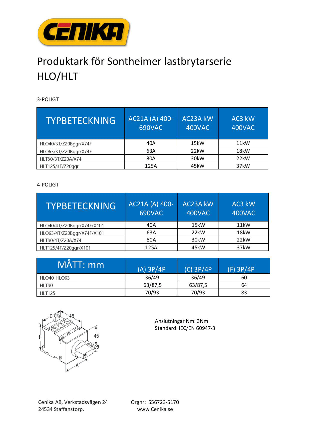 Produktark Lastbrytare