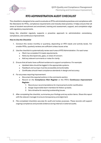 RTO Administration Audit Checklist FORM | Coast Wide Training