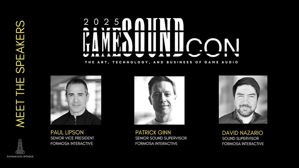 Three speaker headshots announcing panels at the Game Sound Con conference