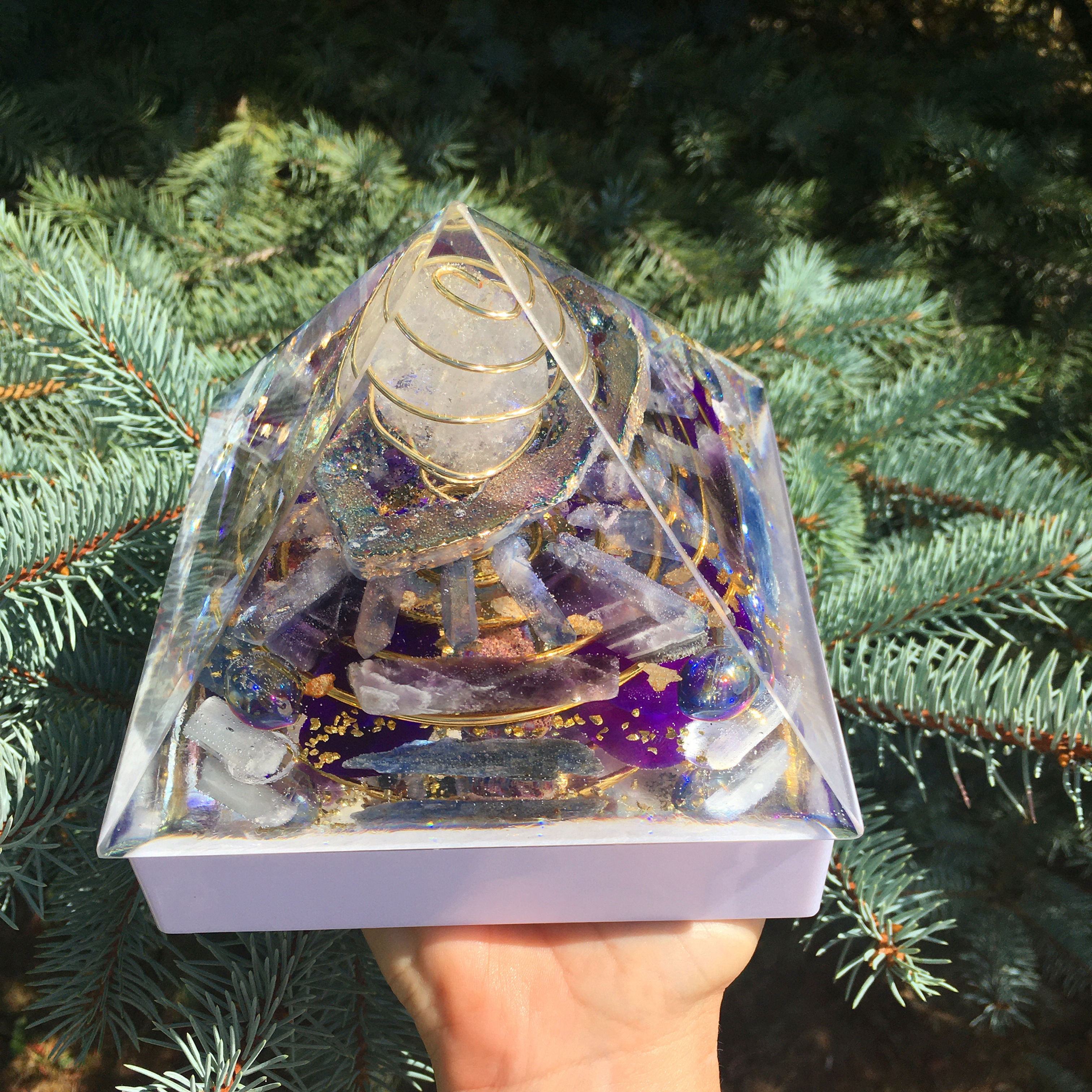 Amethyst, Kyanite & Selenite Reiki Infused Orgone Pyramid - Crown Chakra