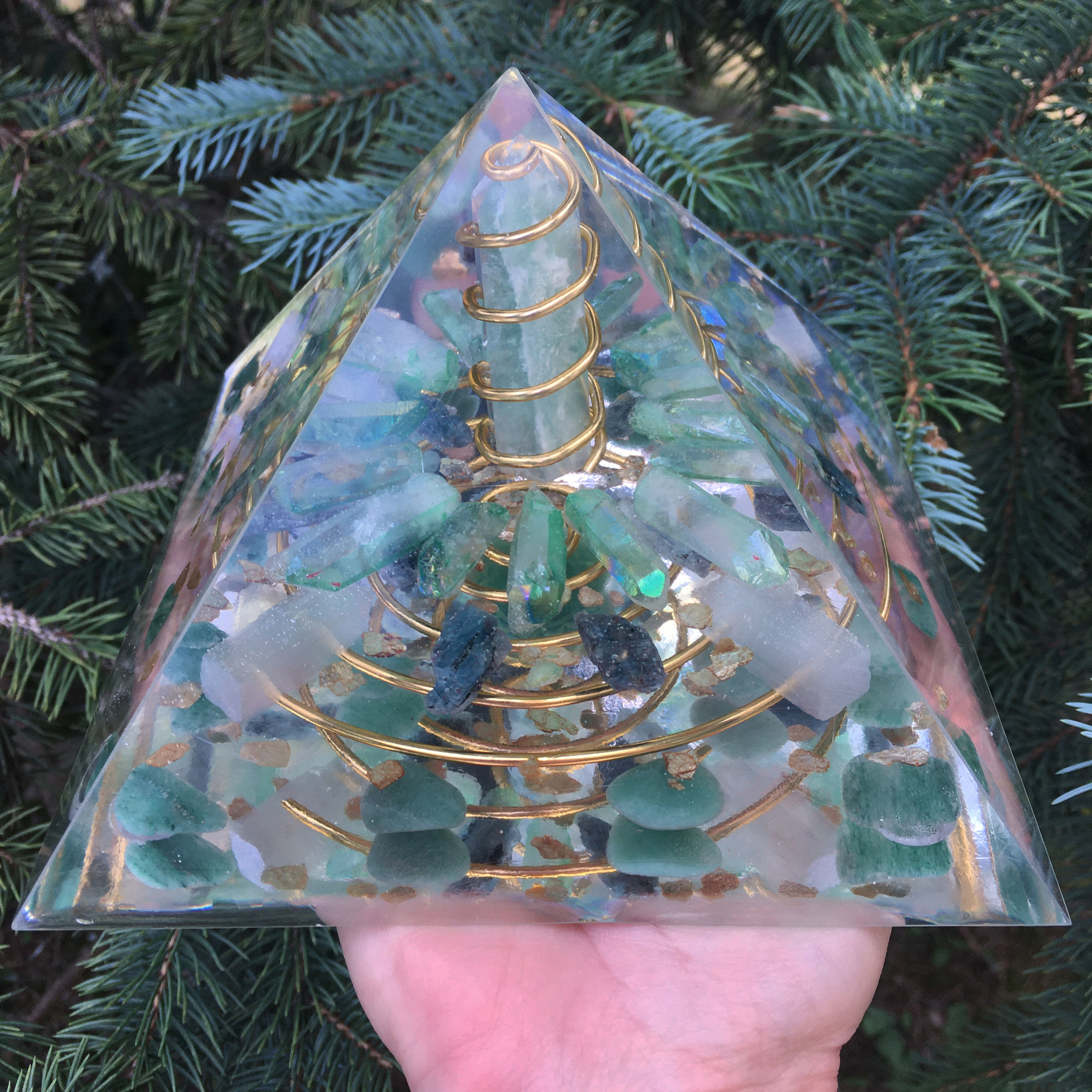 Green Aventurine Selenite Kyanite Reiki Infused Orgone Pyramid - Heart Chakra
