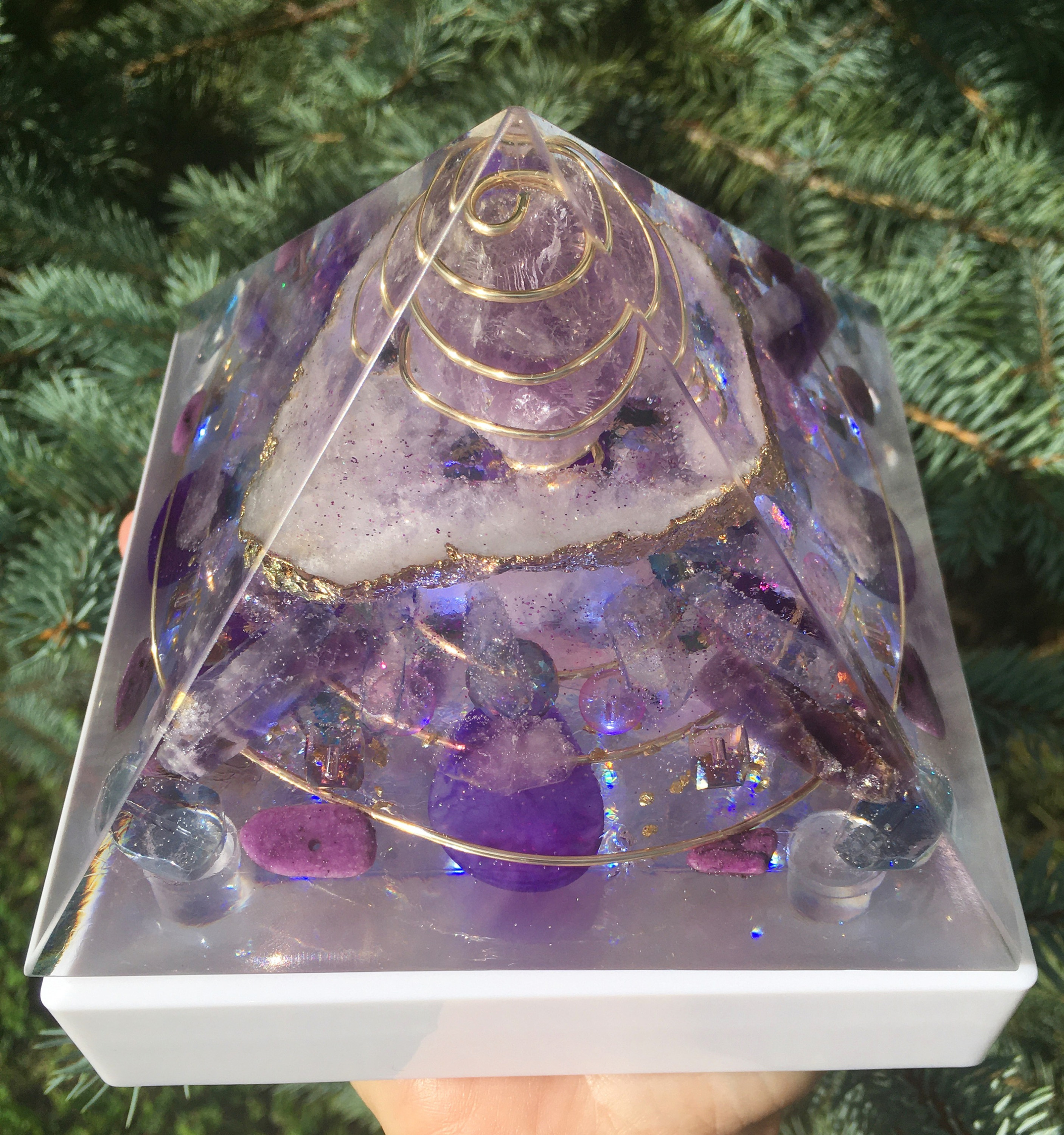 Amethyst & Rose Quartz Orgone Pyramid - Heart & Crown Chakras
