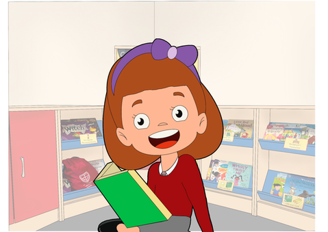 Smiling girl reading a green book in a library