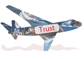 Airplane with 'Trust' flying above clouds
