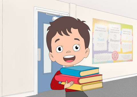 Smiling boy carrying books in school hallway