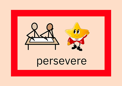 Illustration: stick figures, star character, text 'persevere'