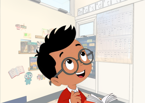 Cartoon boy with glasses holding a book, looking up