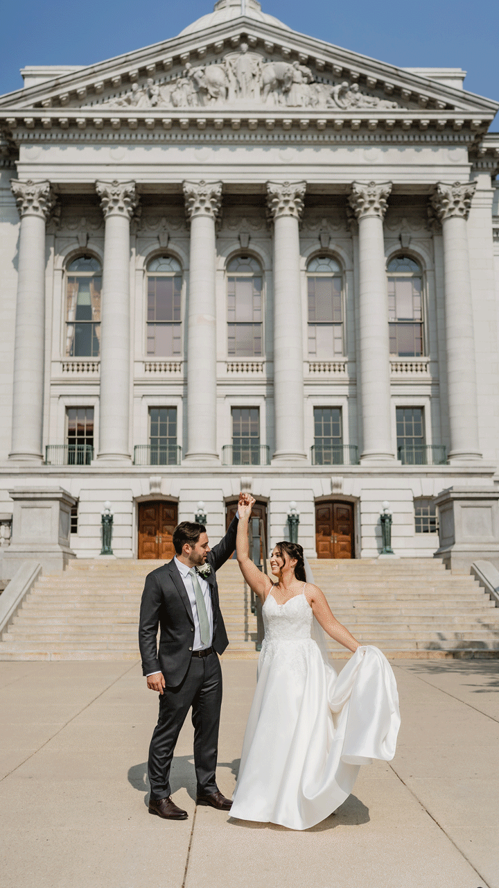 Wedding day twirl in front of the Wisconsin State Capitol