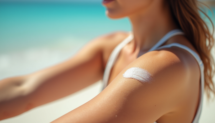 Close-up of a traveler applying sunscreen on their arm at a sunny beach