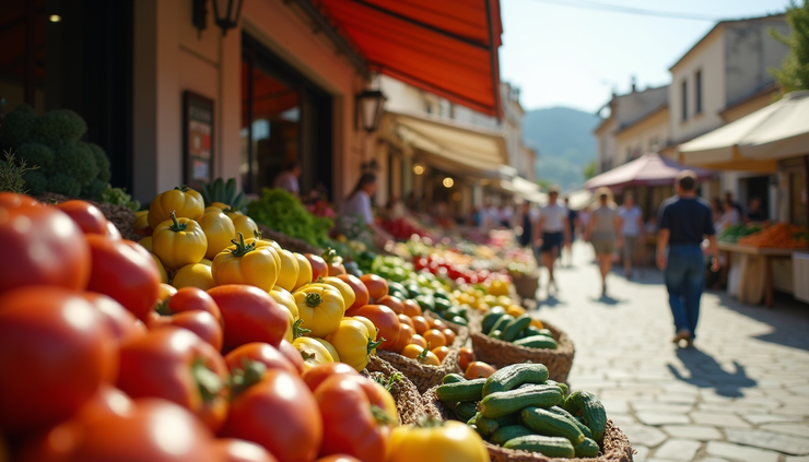 Eye-level view of a vibrant outdoor market with fresh fruits and vegetables in a Mediterranean town