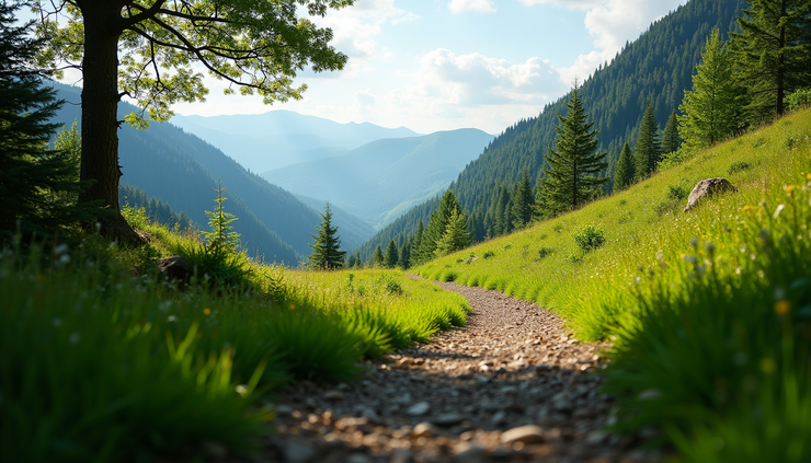Eye-level view of a scenic hiking trail with lush greenery and distant mountains