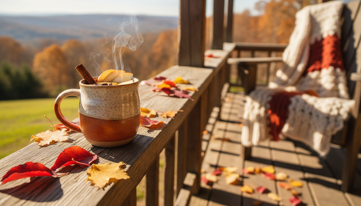 Close-up view of a mug of hot cider on a wooden porch with autumn leaves nearby.