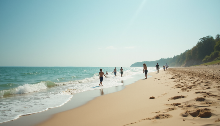 Eye-level view of a sandy beach along Lake Michigan with families playing near the water