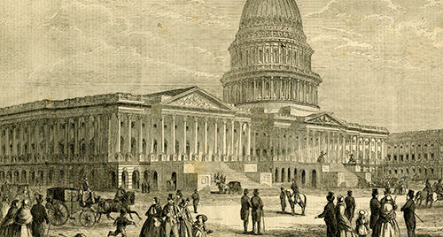 Ilustración histórica del edificio del Capitolio de los Estados Unidos con su gran cúpula, rodeado de gente, carruajes tirados por caballos y actividad en primer plano.