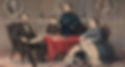 Color illustration of Abraham Lincoln seated in a parlor with his family, reading a book while Mary Todd Lincoln sits nearby and their children gather around a table, with framed portraits hanging on the wall behind them.