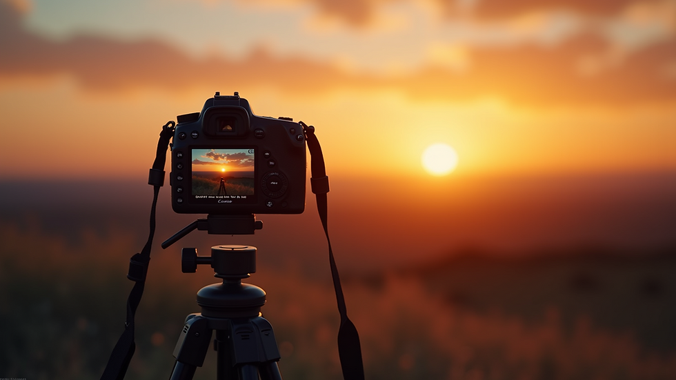 Close-up view of a camera on a tripod capturing a time-lapse of a sunset