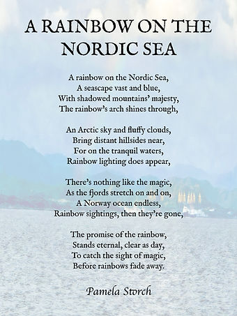 Discover "A Rainbow on the Nordic Sea," a serene Arctic nature poem by Pamela Storch celebrating majestic fjords, fleeting rainbows, and tranquil waters.