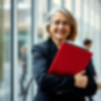 Old woman dressed in business clothes holding red laptop on her arms .jpg