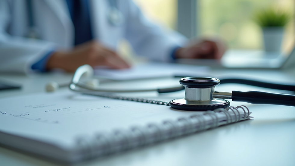 Close-up view of a doctor’s stethoscope on a desk with a notepad