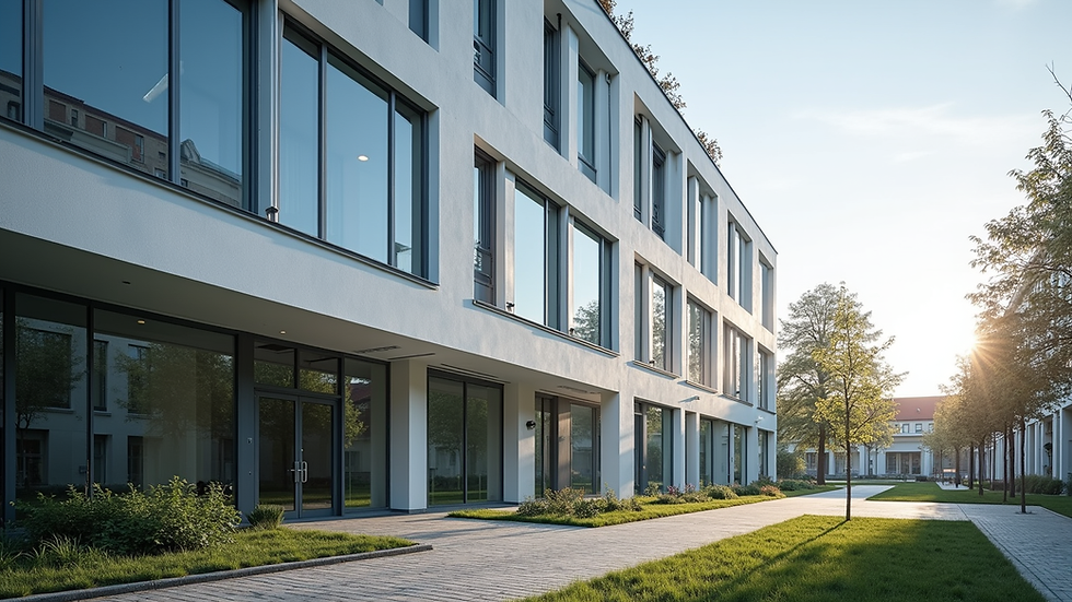 Eye-level view of a modern clinic building in New Prague