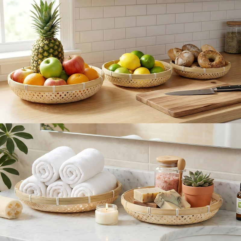 Thumbnail: Hiceeden 3Pcs Round Bamboo Serving Trays