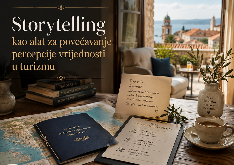 Topla mediteranska scena u boutique smještaju s drvenim stolom, kartom, bilježnicom s lokalnim pričama, welcome porukom, preporukama za goste, šalicom kave i pogledom na more, kao vizualni prikaz storytellinga u turizmu.