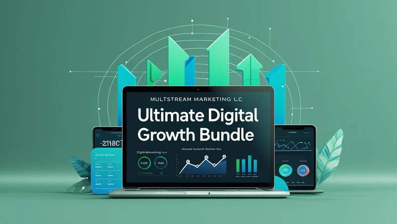 Ultimate Digital Growth Bundle cover featuring digital charts and AI patterns in green (#2ECC71) and blue (#3498DB), by MultiStream Marketing LLC.