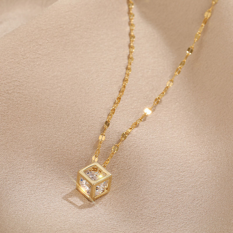 Classic Zircon Crystal Inside Hollow Square Stainless Steel Necklace For Women K