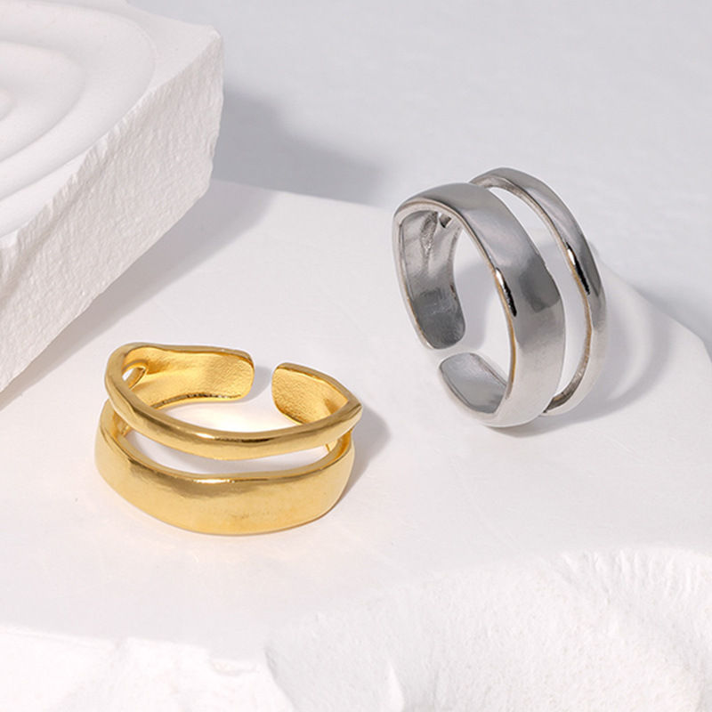 Thumbnail: Stainless Steel Irregular Double Layer Open Rings for Women Gold Color Couple We