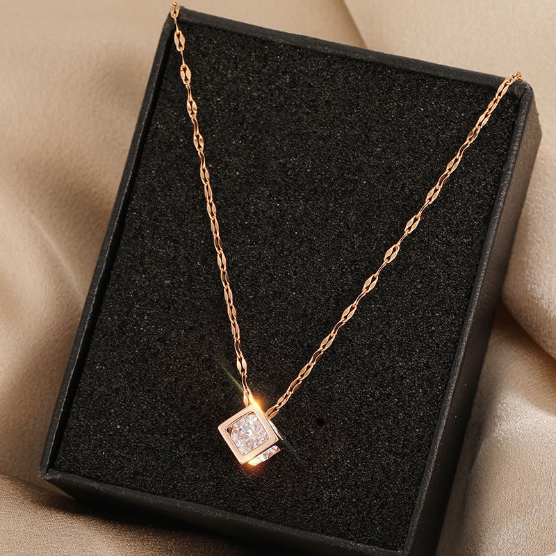 Thumbnail: Classic Zircon Crystal Inside Hollow Square Stainless Steel Necklace For Women K